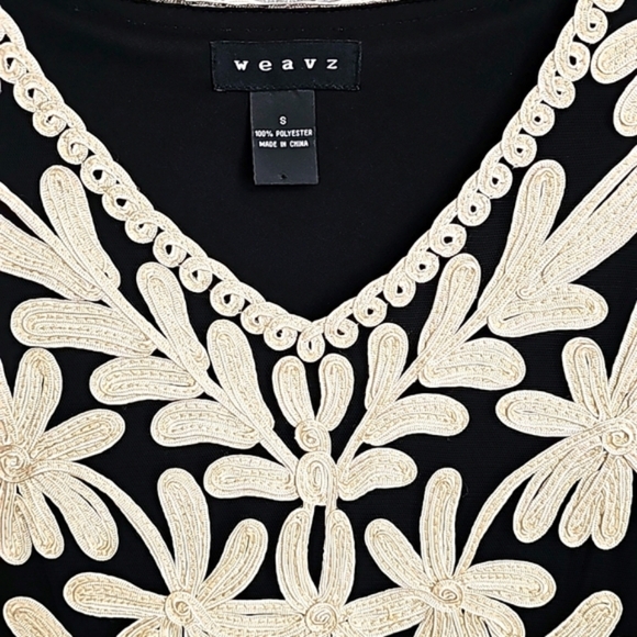 Nwot Weavz Black Mesh/ Creme Soutache Ribbon Embroidered Detail 3/4 Sleeve Dress - Picture 7 of 15